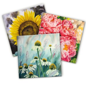 Suvelilledega õnnitluskaartide komplekt - päevalill, pojengid, siilkübarad